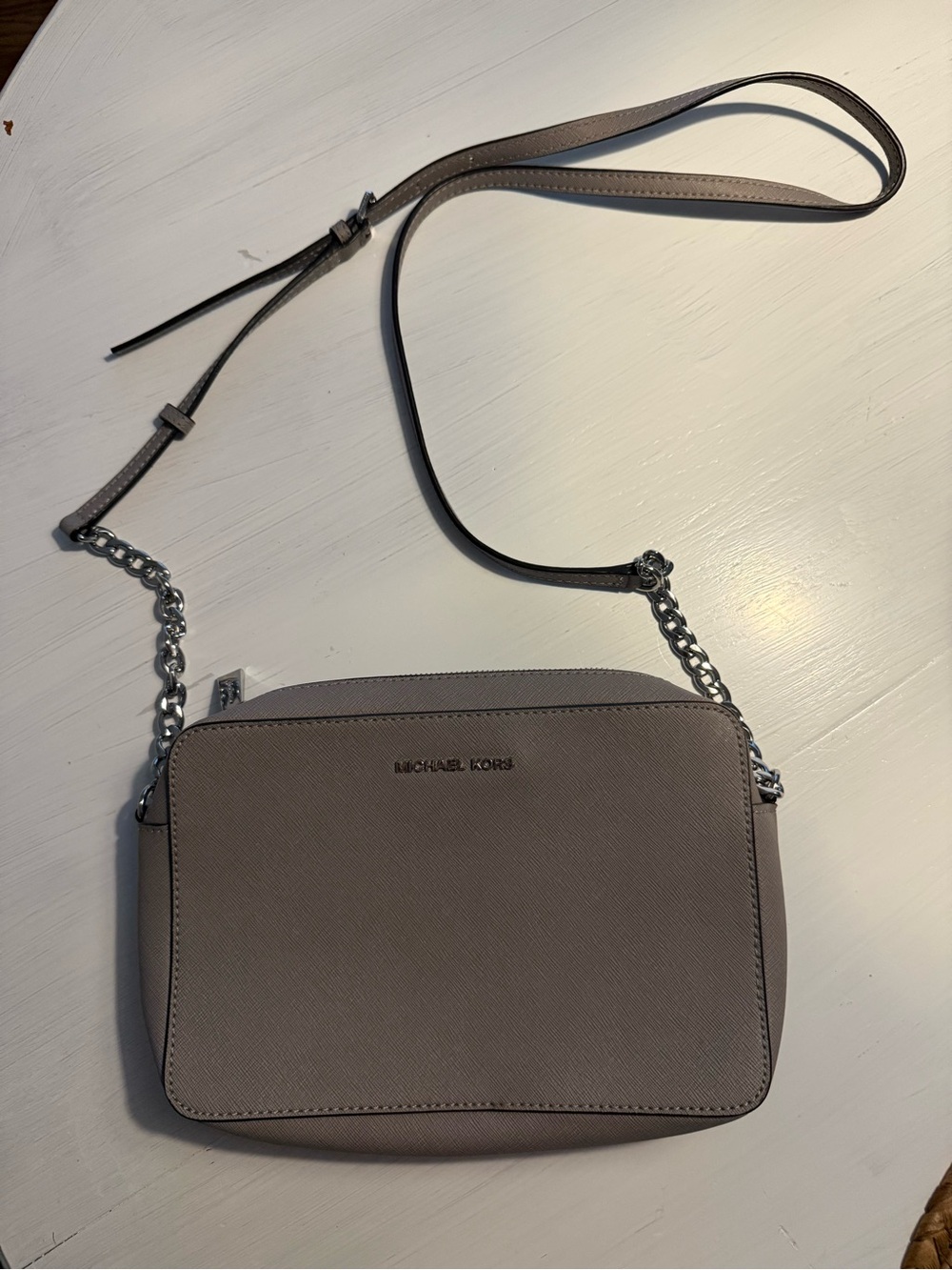 Michael Kors Taupe Gray Crossbody Bag with Silver Chain